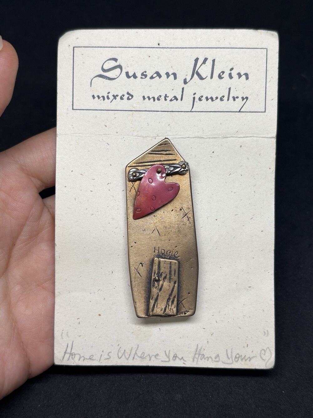 Susan Klein Mixed Metal Jewelry House Pin Brooch Pink Heart Home Sterling Silver